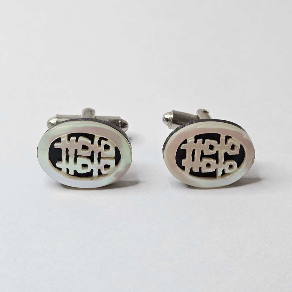 Vintage Mother of Pearl Shou Longevity Character Oval Cufflinks Silver Tone
